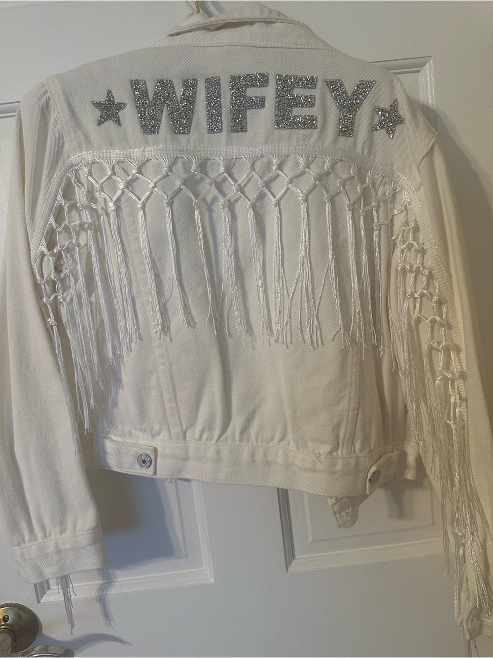 Women’s white Fringe Denim Jacket - wifey